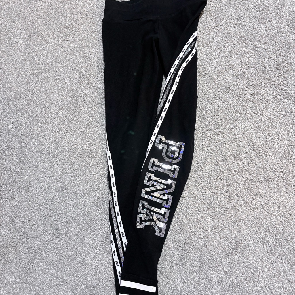 Pink Victoria's Secret Black Leggings With White Stripes